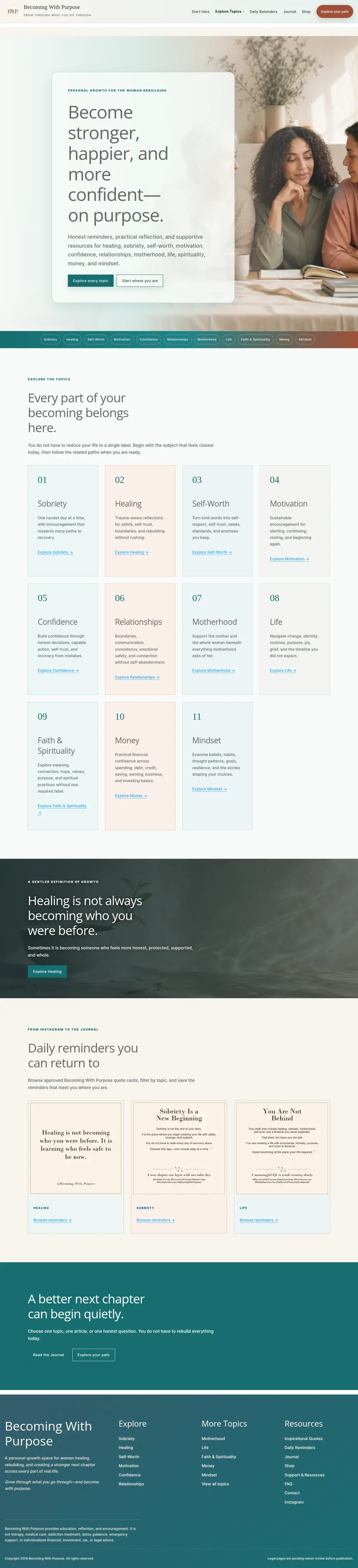 Becoming With Purpose home page in a desktop browser