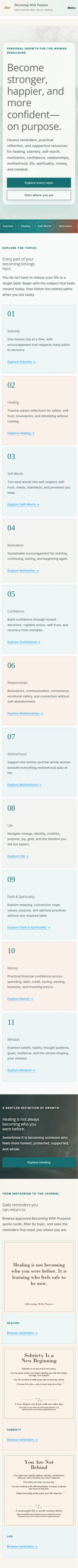 Becoming With Purpose home page on a phone